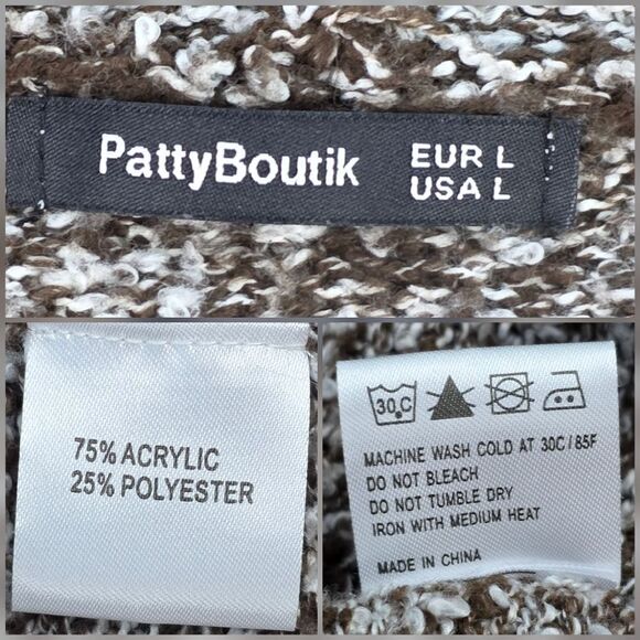 🩵Brown & White Variegated Trim Open Front Hooded Cardigan Large - Picture 12 of 14